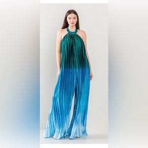 Aqua Blue Long Pleated Oversized Jumpsuit